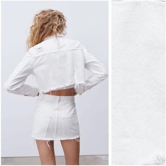 Zara Denim Jacket Womens Cropped White Raw Hem - Picture 4 of 11